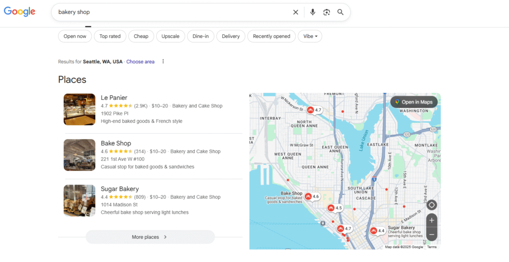 Google 3-Pack search results for "bakery shop" in Seattle, Washington, USA, showing the map pack featuring Le Panier, Bake Shop, and Sugar Bakery, demonstrating proximity as a key local SEO ranking factor.