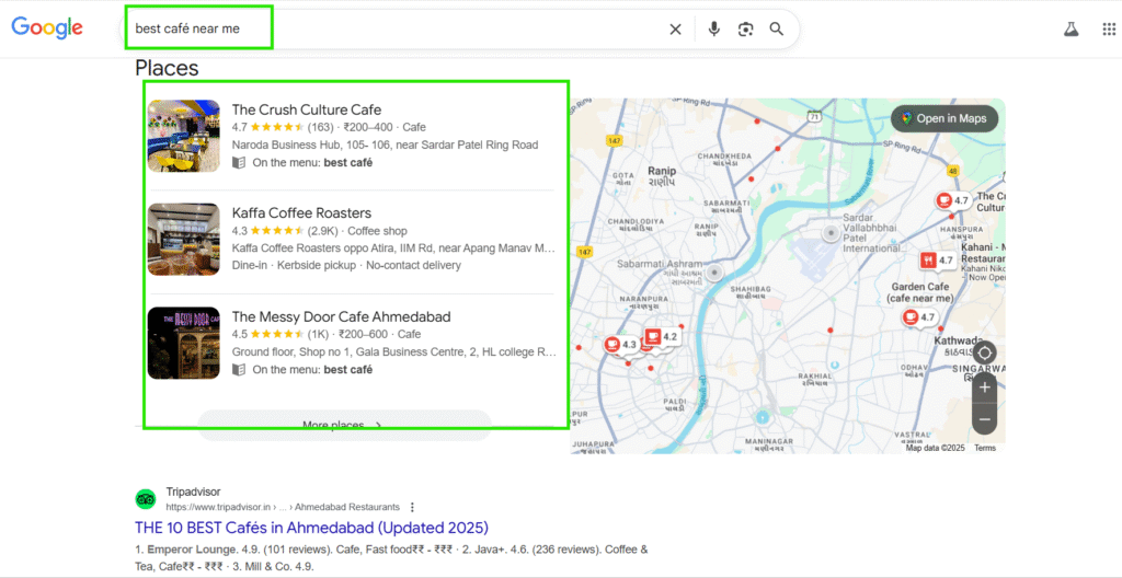 Google 3-Pack results for the high-intent query "best café near me" in Ahmedabad, India, showcasing three local business listings (The Crush Culture Cafe, Kaffa Coffee Roasters, The Messy Door Cafe) and the map, confirming the power of Local SEO in competitive markets.