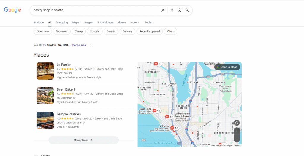 Google 3-Pack results for the long-tail local search "pastry shop in seattle," showing Le Panier, Byen Bakeri, and Temple Pastries, demonstrating how specific keywords drive unique map pack visibility.