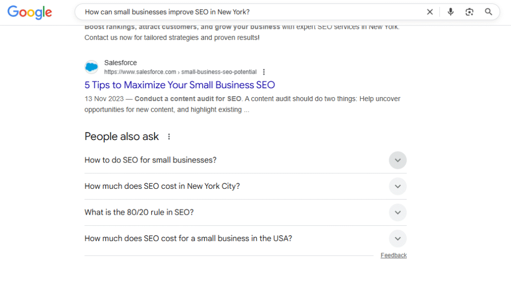 Google search results displaying 'People also ask' questions about small business SEO improvement and costs in New York"
