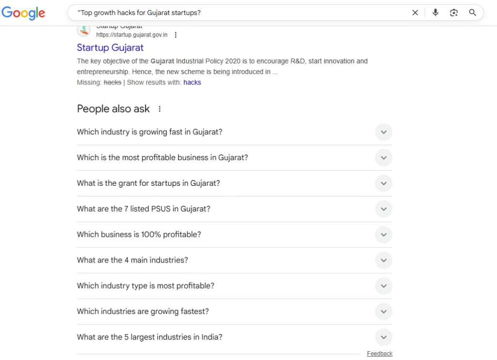 Google search results showing 'People also ask' questions about startup growth and industry profitability in Gujarat