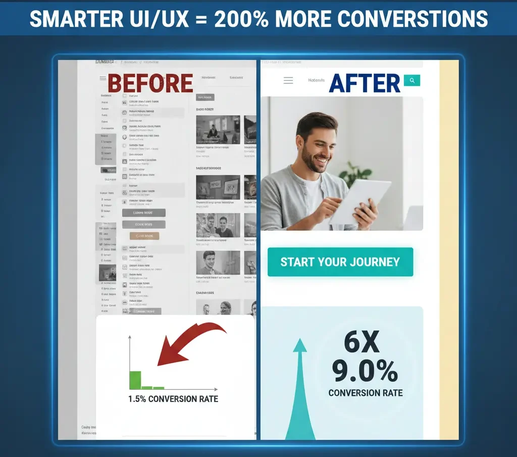 How We Boosted Client Conversions 200% With Smarter UI/UX 1 Before and after conversion chart for UI/UX redesign by AIN Digital Marketing.