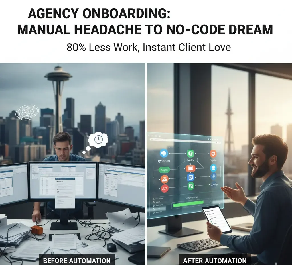 A side-by-side comparison of a stressed agency owner in Seattle with a messy desk versus a streamlined, automated no-code workflow showing icons for Zapier, Typeform, and ClickUp.